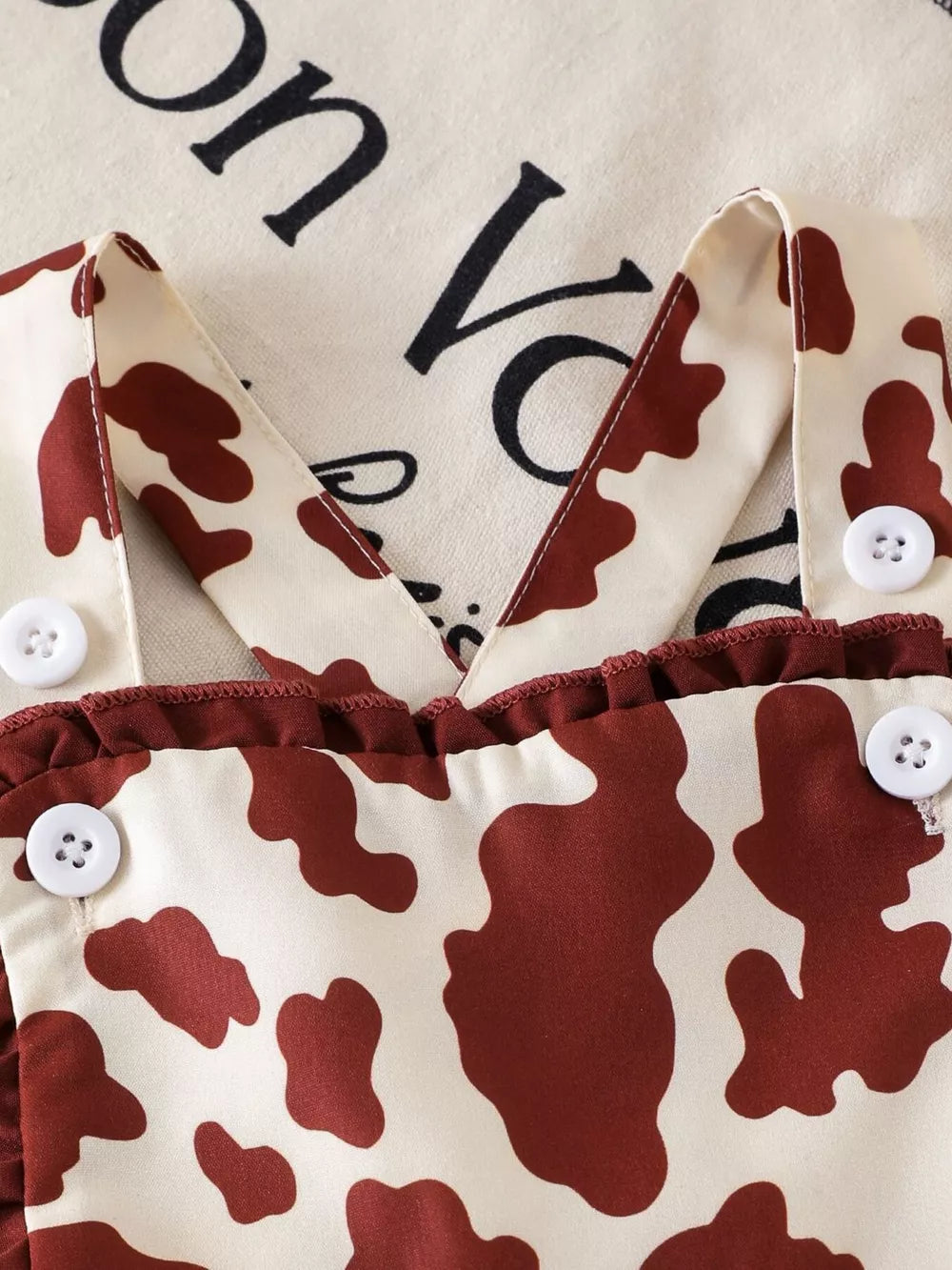 Children's Cow Print Ruffle Jumpsuit in Brown And White, fit detail