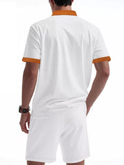 White polo shirt and shorts set with orange trim, men's casual activewear.