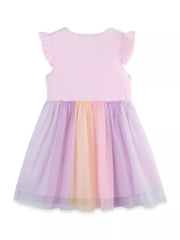 Pink baby dress with rainbow tulle skirt and flutter sleeves.