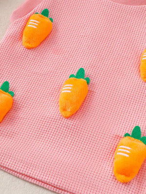 Pink waffle knit baby set with allover 3D carrot appliqués.