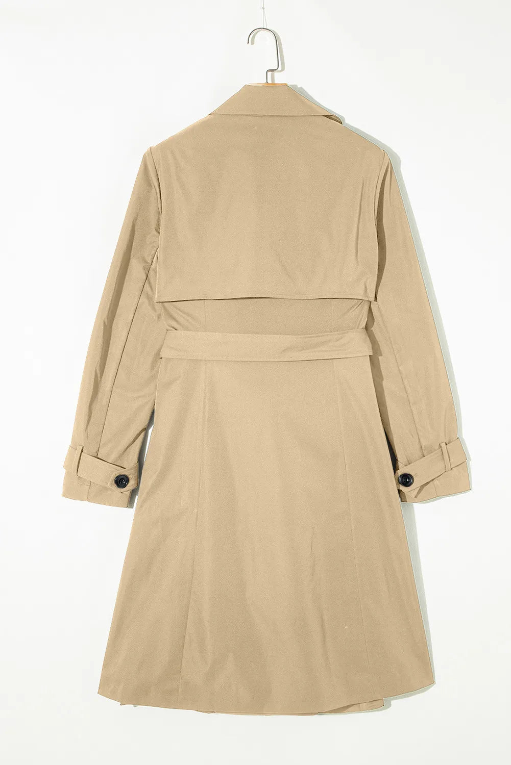 Classic trench coat in Dust Storm with buttoned cuffs and bow-tie waist detail.