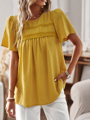 Yellow textured puff sleeve blouse with lace yoke detail