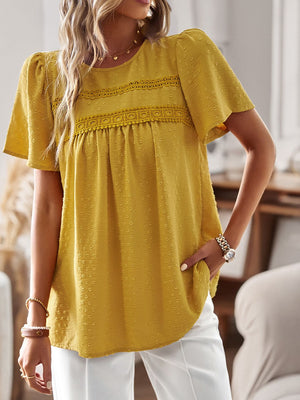 Yellow textured puff sleeve blouse with lace yoke detail