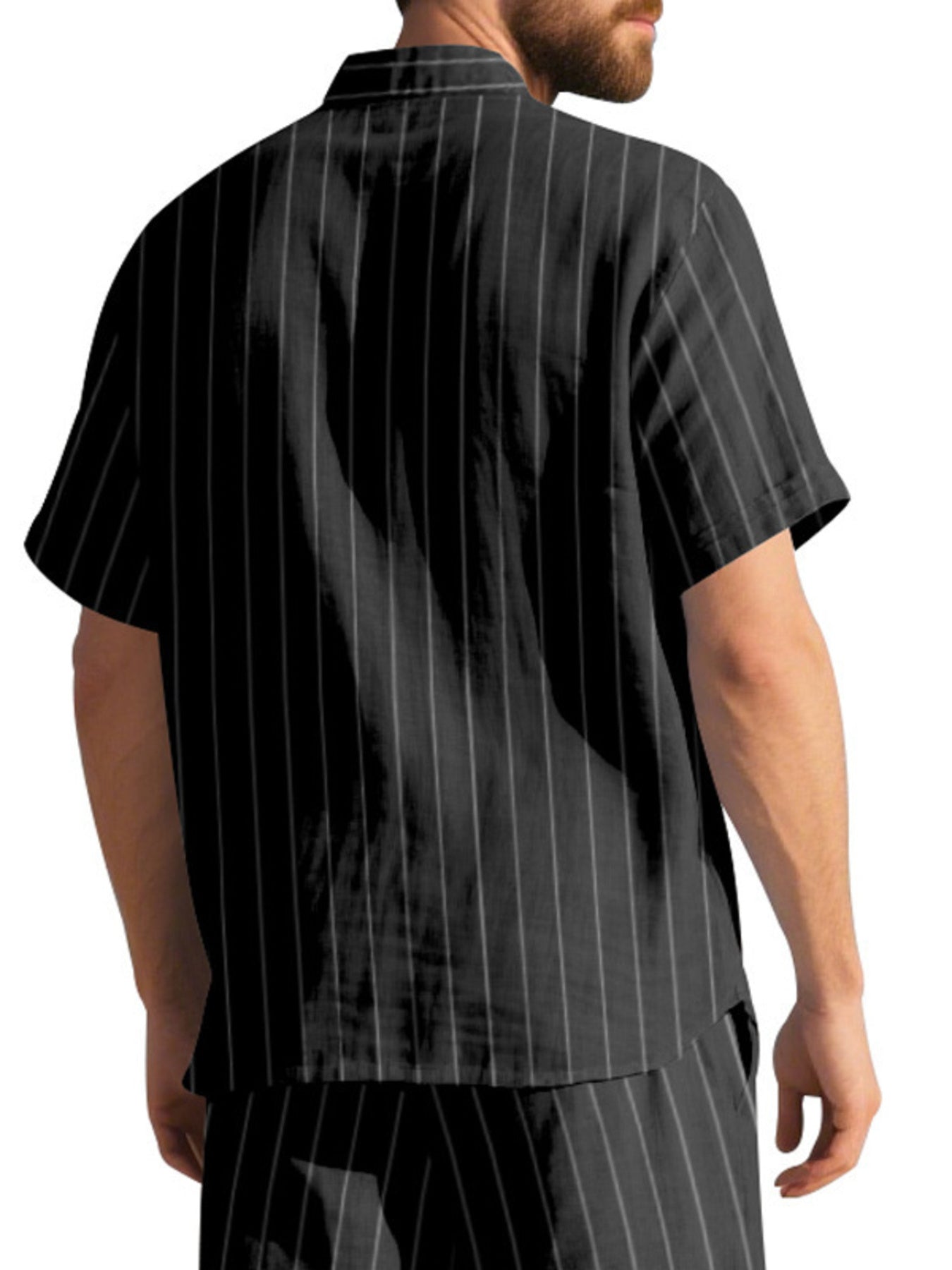 Black striped cotton camp collar shirt with short sleeves.