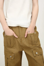 Khaki cargo trousers with wide legs and pleated patch pockets.