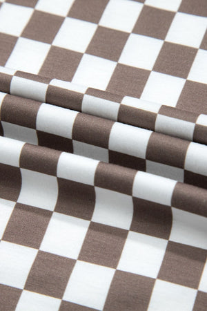 Checkered palazzo jumpsuit in mocha with cap sleeves, shown in a fabric detail view.