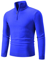 Slim fit royal blue quarter zip sweater with ribbed collar, cuffs, and hem.