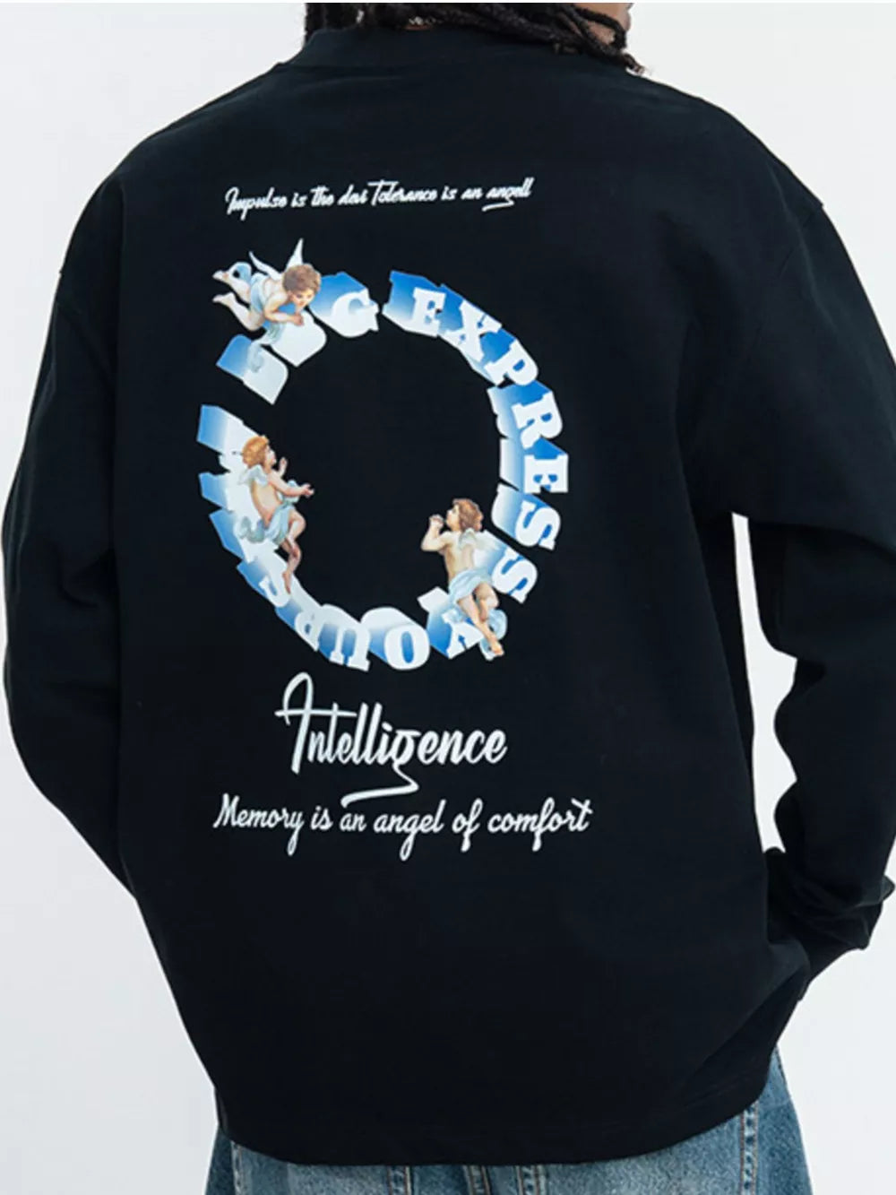 Crew-neck Graphic Long-sleeve Top in Royal Blue, close-up detail