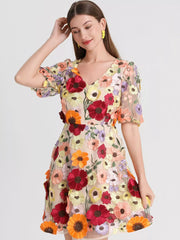 Floral Embroidery V-neck Mini Dress