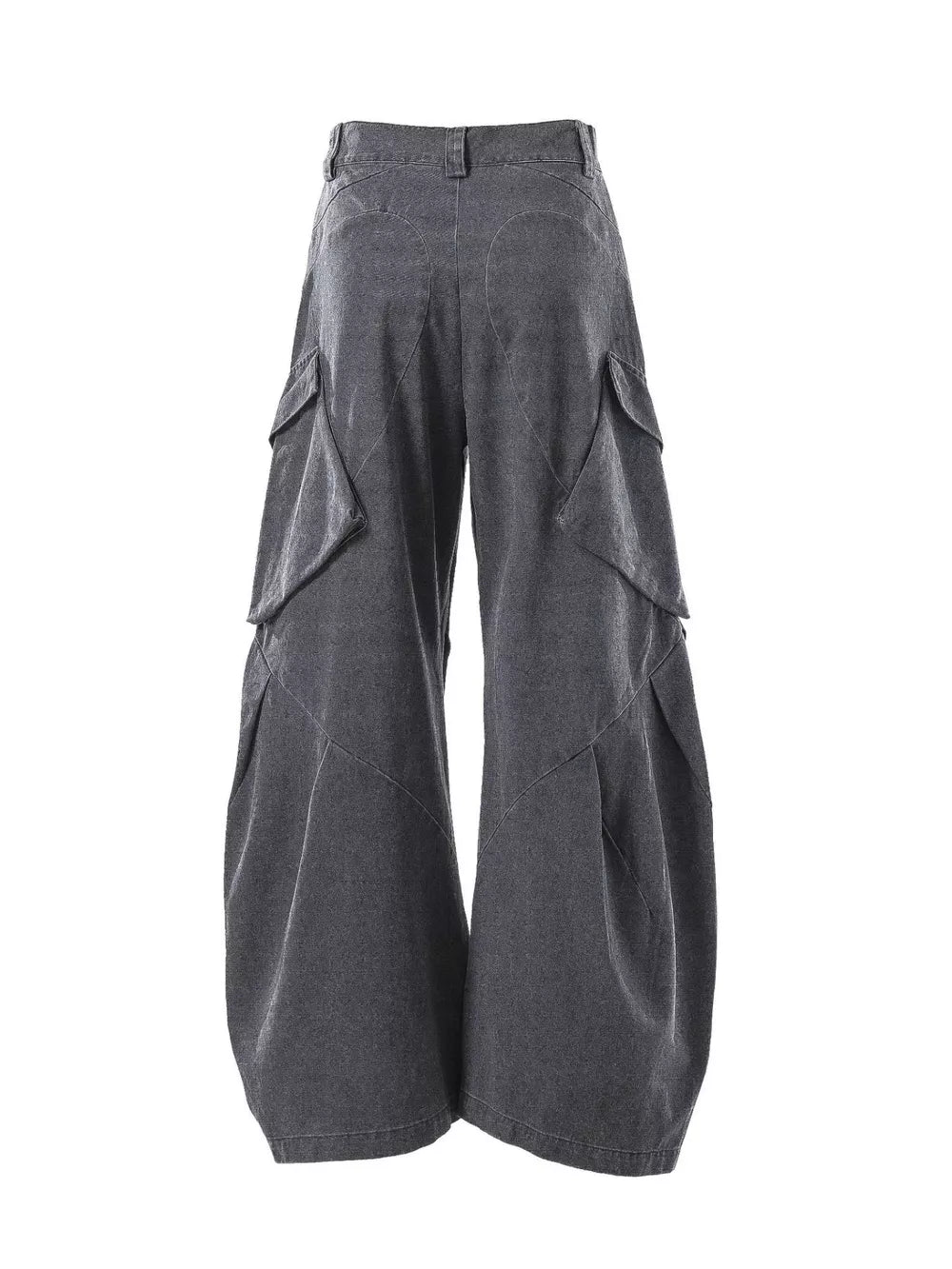 Dark gray textured paneled cargo pants with multiple flap pockets and a baggy fit.