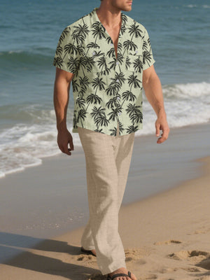 Men's relaxed fit pants in light beige linen-blend fabric with a subtle texture.