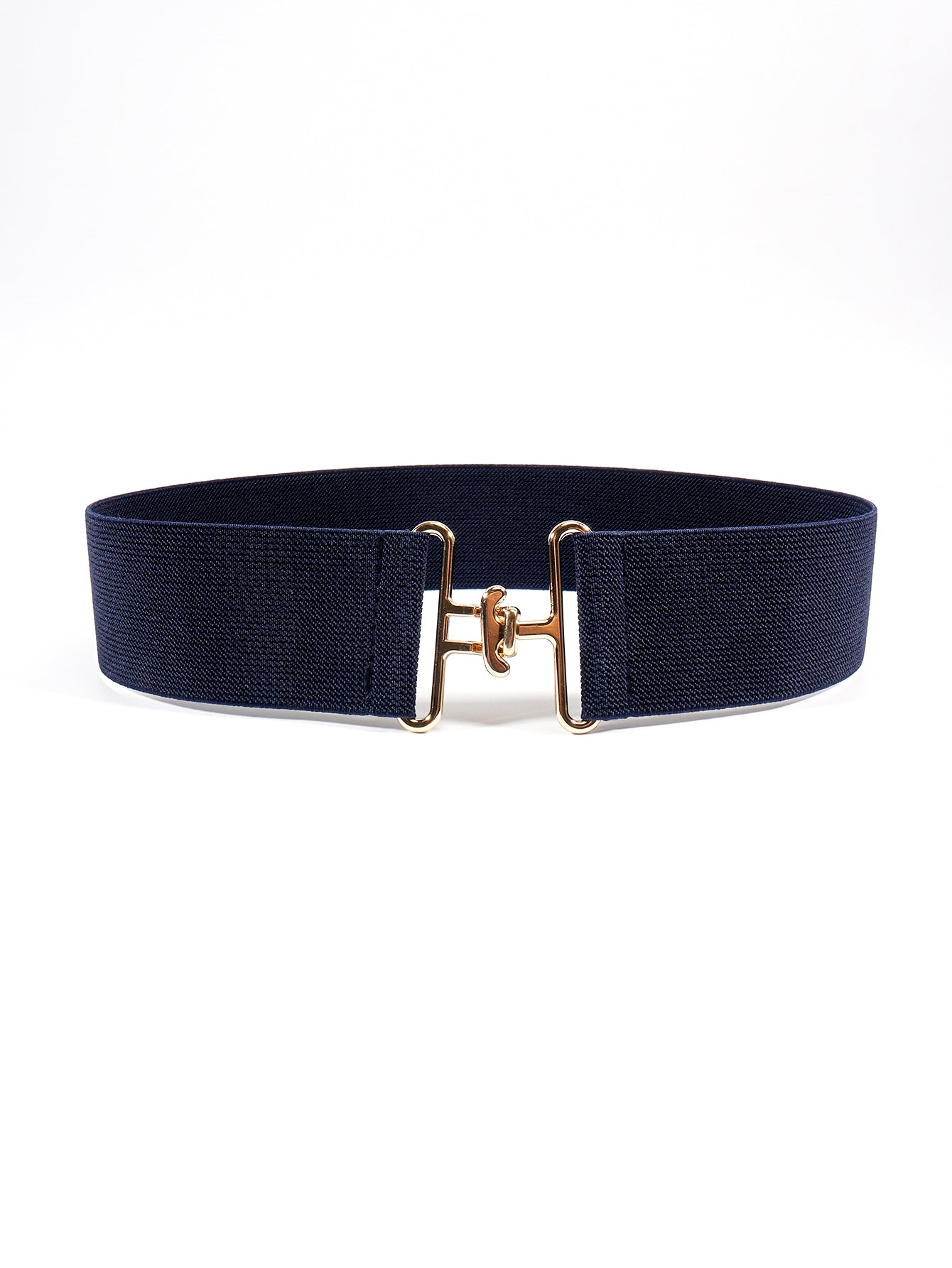 Dark blue elastic belt with a gold sculpted buckle.