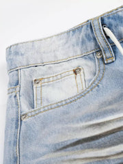 Light blue distressed wide-leg capri jeans for men with drawstring detail.