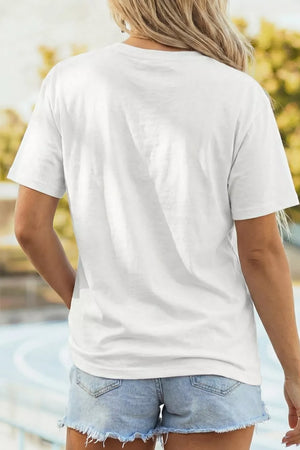 White polyester t-shirt with short sleeves and a crew neck, worn by a woman in denim shorts.