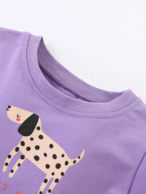 Purple cotton blend toddler dress with playful dalmatian dog graphic and round neckline.