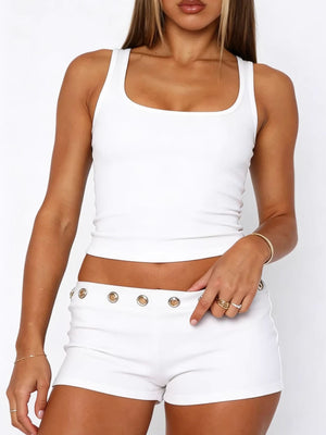 White ribbed wide strap tank top and shorts set with grommet detail