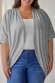 Light gray ribbed batwing cardigan with draped front and short sleeves.