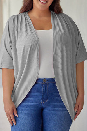 Light gray ribbed batwing cardigan with draped front and short sleeves.
