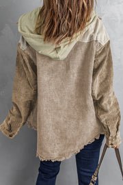 Colorblock corduroy hooded utility jacket in tan and sage with frayed hem.