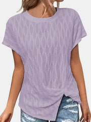 Lavender textured tee with short sleeves and asymmetric knot-front detail.