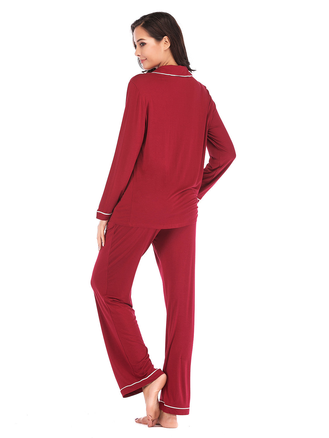 Piped trimmed pajama set in wine with long sleeves and pants, featuring white piping detail.