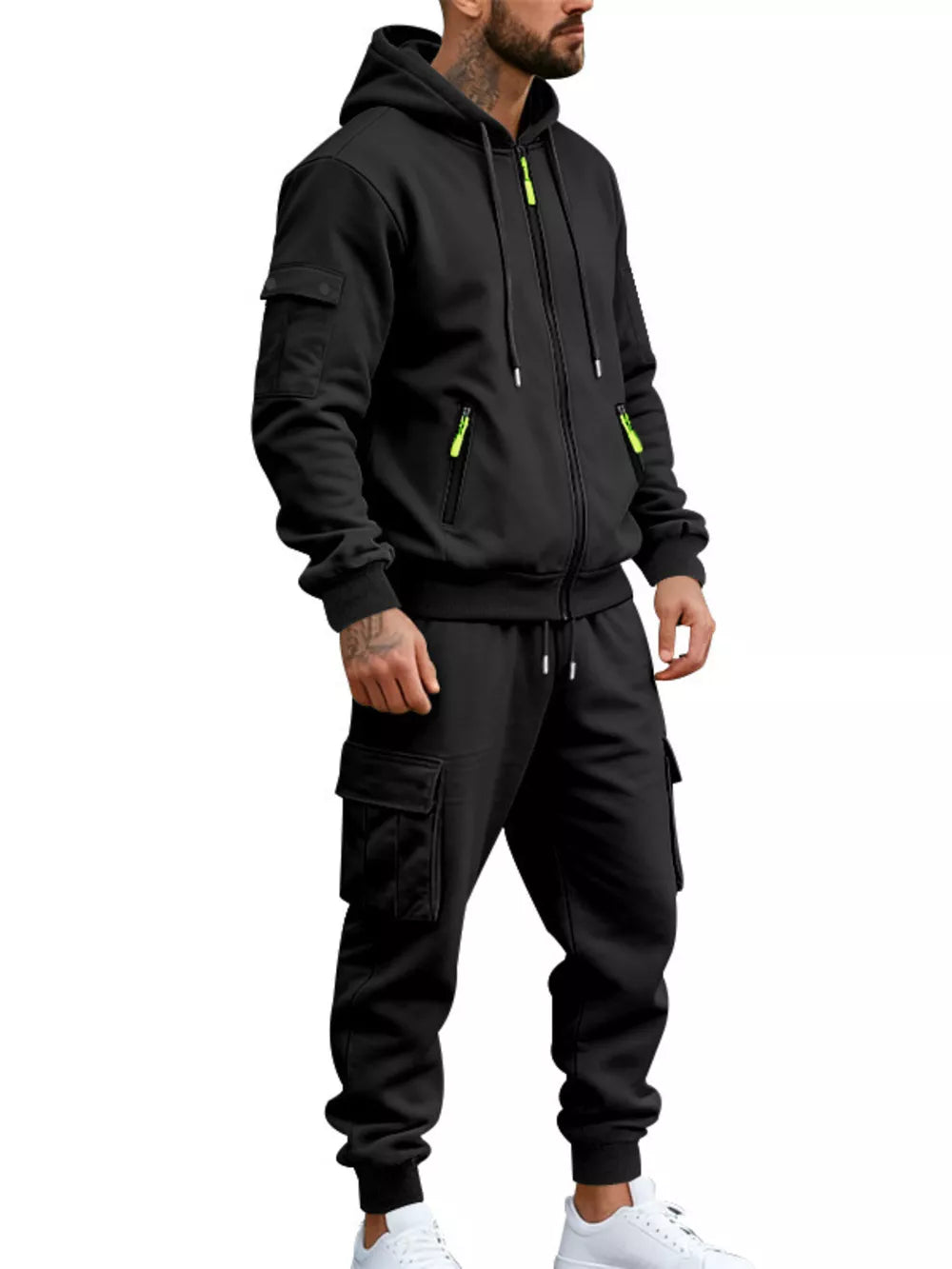 Men's Plus Size Casual Zip-up Hoodie And Cargo Pants Set in Dark Gray, alternate angle