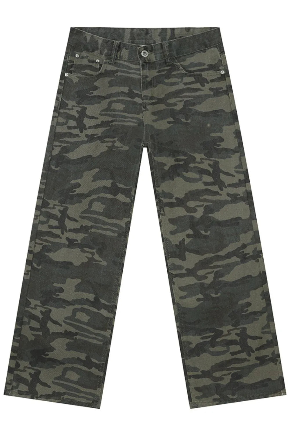 Camouflage wide-leg denim trousers in Army Green with a relaxed fit.