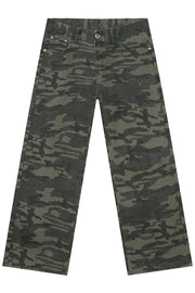 Camouflage wide-leg denim trousers in Army Green with a relaxed fit.