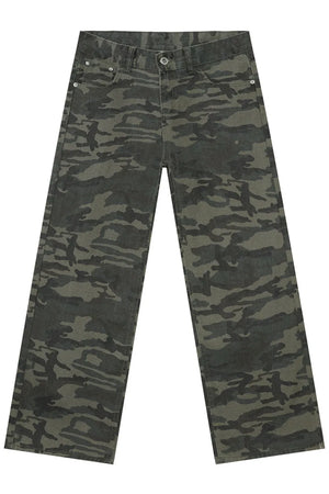 Camouflage wide-leg denim trousers in Army Green with a relaxed fit.