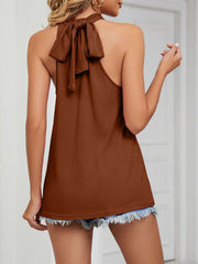 Caramel camisole with ruched high neck and tie back detail.