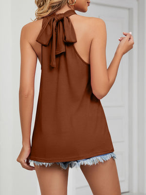 Caramel camisole with ruched high neck and tie back detail.