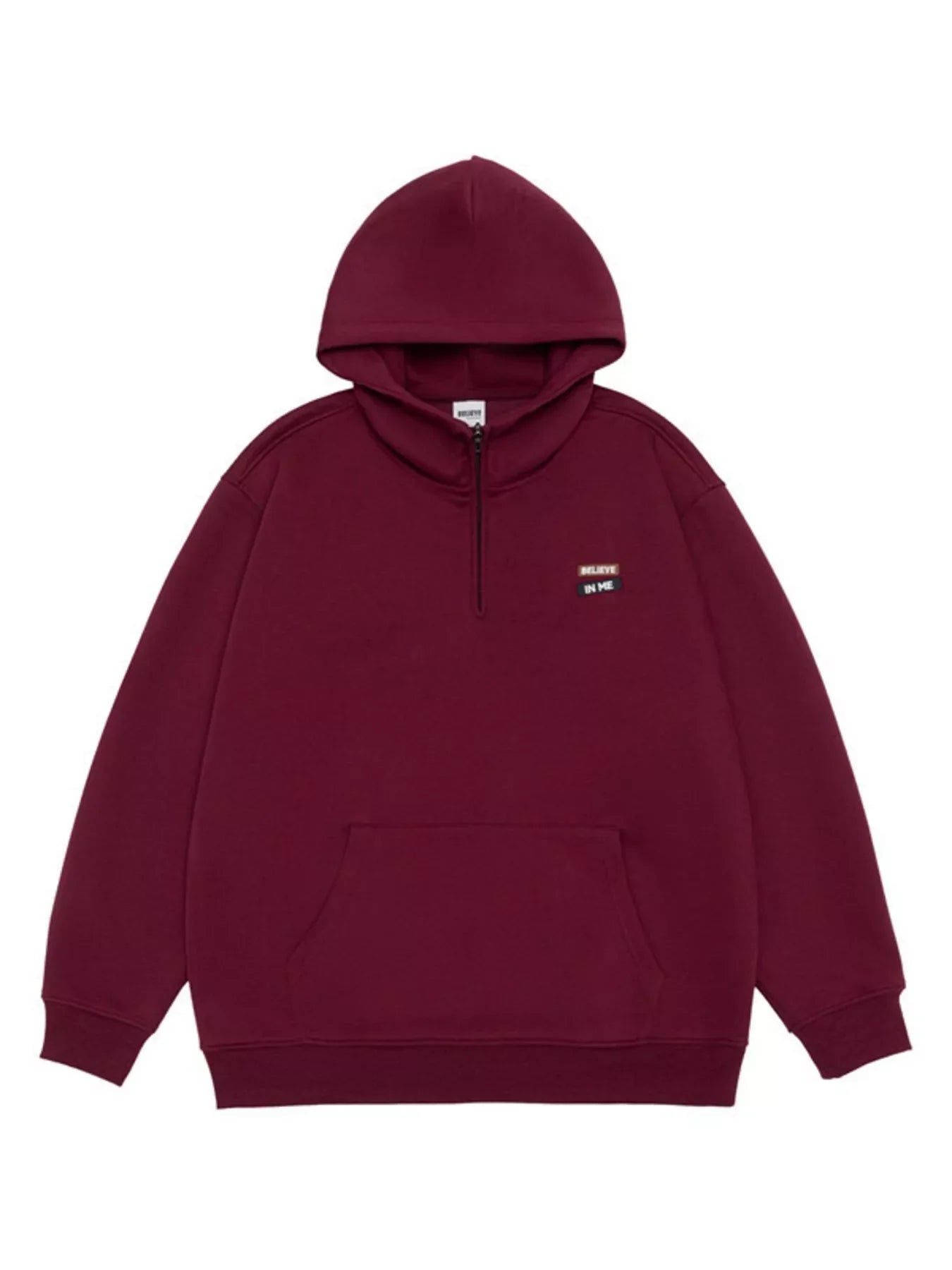 Maroon quarter-zip hoodie with a front pouch pocket and a small embroidered patch.