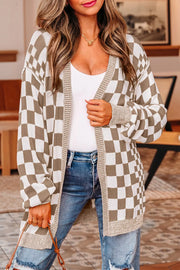 Checkerboard knit cardigan with ribbed details in brown and white acrylic, featuring a button-down front and casual fit.