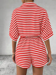 Red and white striped romper with short sleeves and elastic waist shorts.