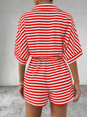 Red and white striped romper with short sleeves and elastic waist shorts.