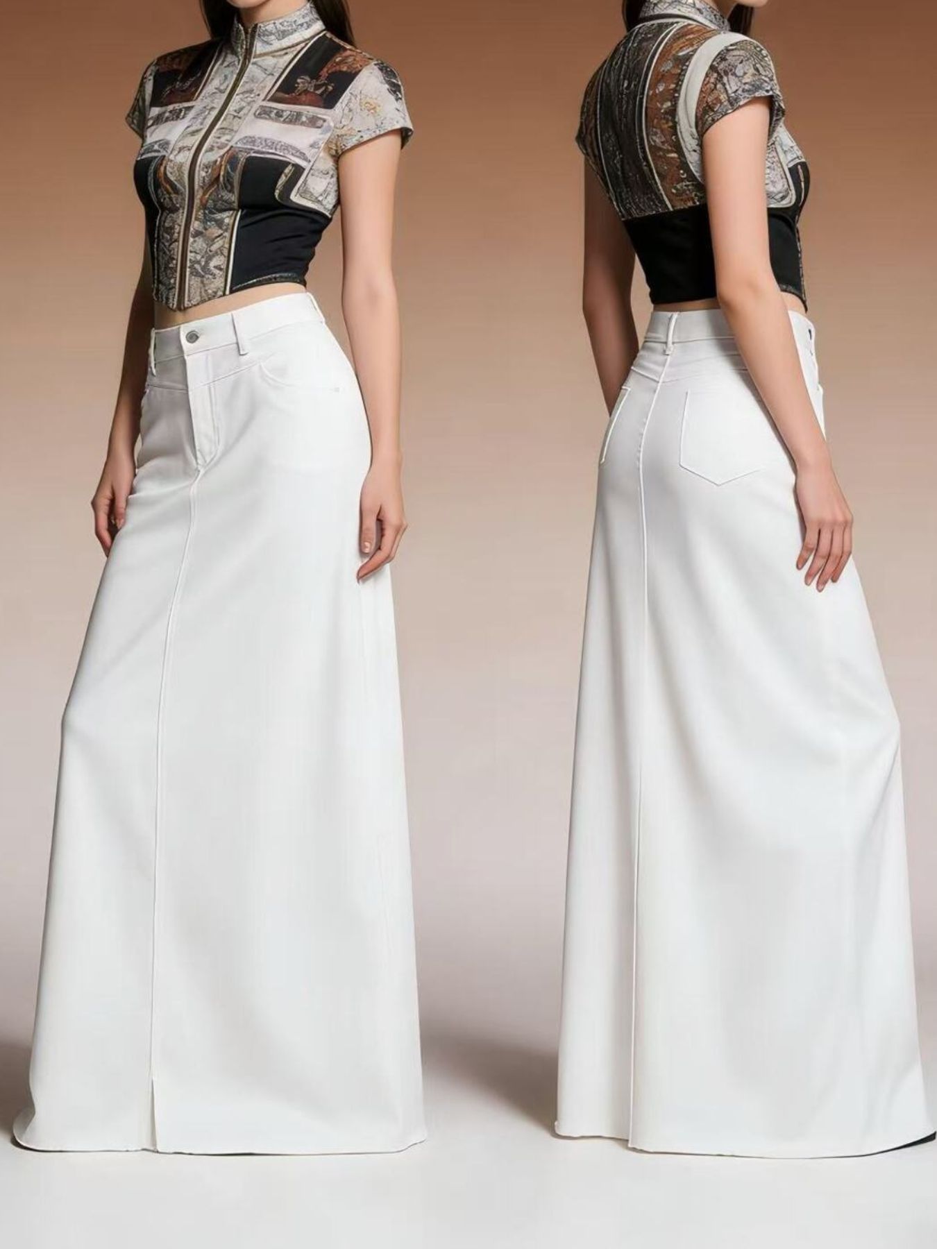 White denim maxi skirt with raw hem and button closure, shown front and back.