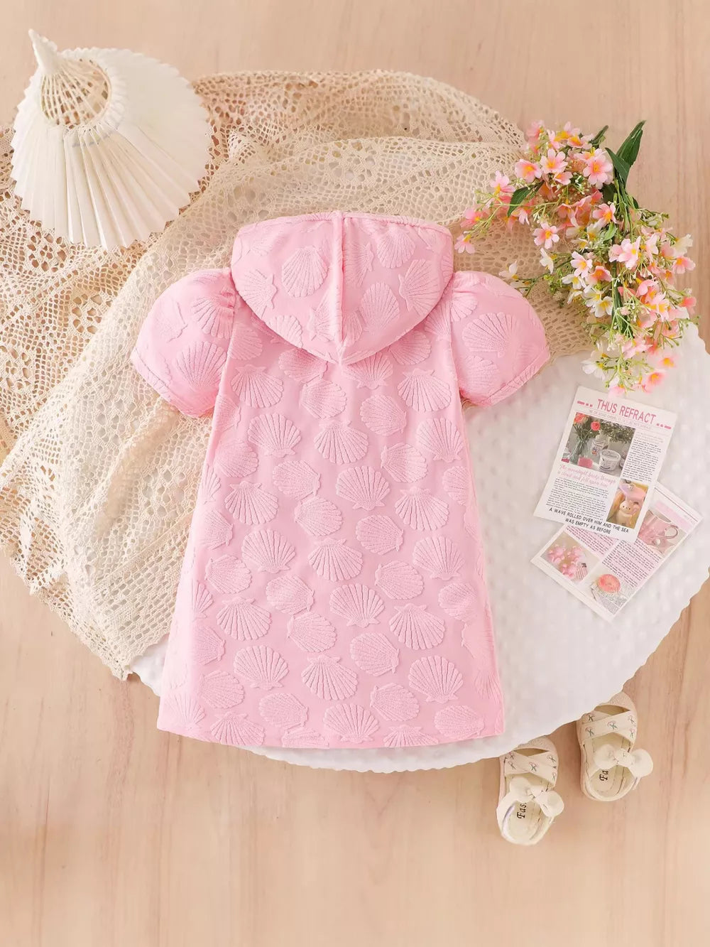 Children's Hooded Puff Sleeve Quilted Jacket in Pink, alternate angle