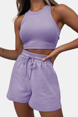Lavender ribbed knit crop top and drawstring shorts set with a racerback neckline.