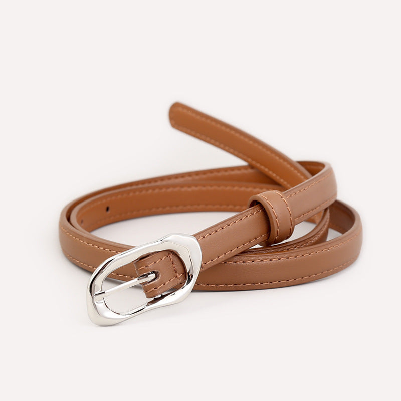Brown leather belt with irregular silver buckle and contrast stitching