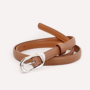 Brown leather belt with irregular silver buckle and contrast stitching
