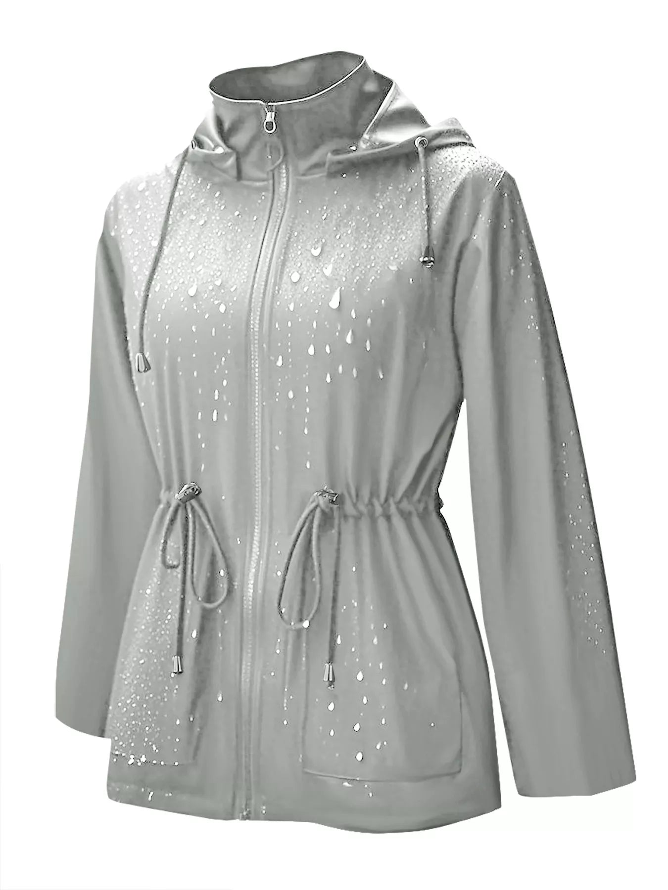 Light gray waterproof hooded zip-up jacket with drawstring waist and water droplet detail.