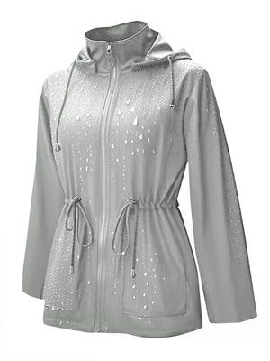 Light gray waterproof hooded zip-up jacket with drawstring waist and water droplet detail.
