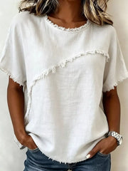 White frayed hem relaxed-fit short sleeve shirt with asymmetrical detail.