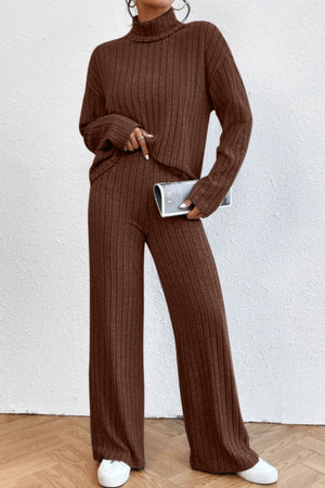 Ribbed knit turtleneck lounge set in chocolate brown with wide leg pants.