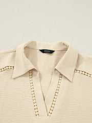 Apricot crinkled texture shirt with Johnny collar and pom-pom trim detail