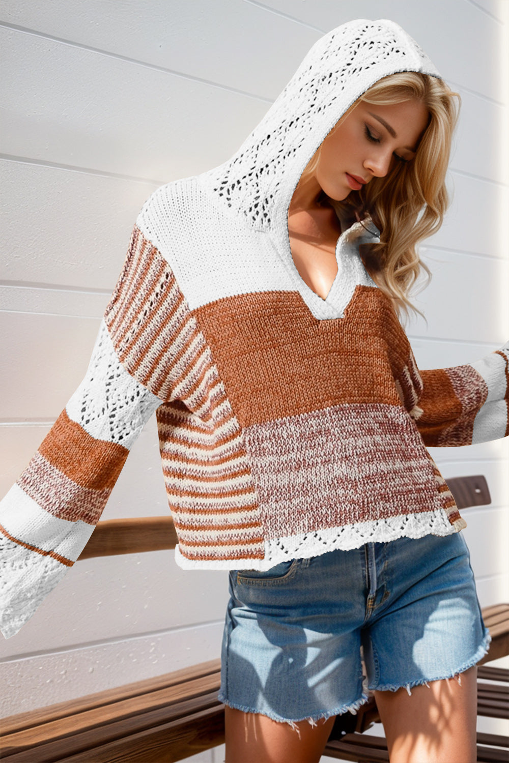 Striped crochet hooded pullover sweater in camel and white with a V-neck and open knit details.