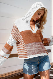 Striped crochet hooded pullover sweater in camel and white with a V-neck and open knit details.