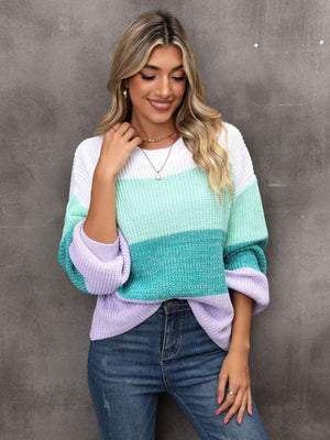 Ombre ribbed knit sweater with balloon sleeves in white, mint green, turquoise, and lavender.