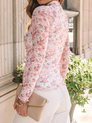 Blush pink floral mesh second-skin top with long sleeves and a mock neck.
