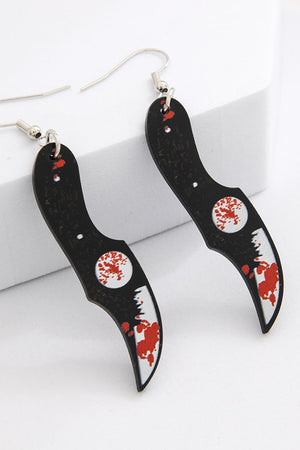 Gory blade drop earrings in black with red blood splatter detail.